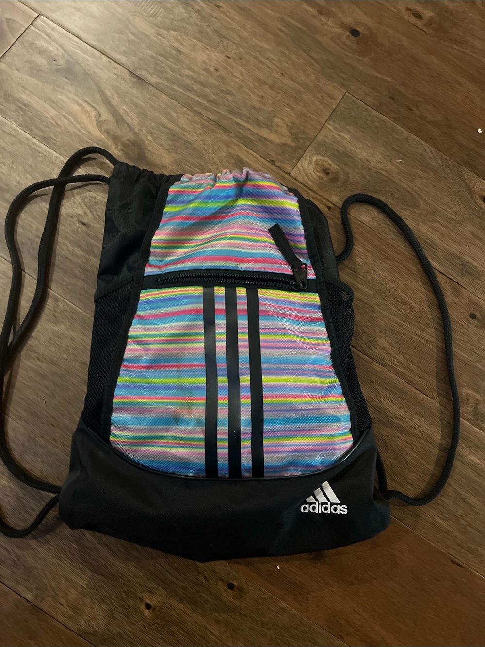 adidas Black Drawstring Backpack with Multicolor Striped Panel